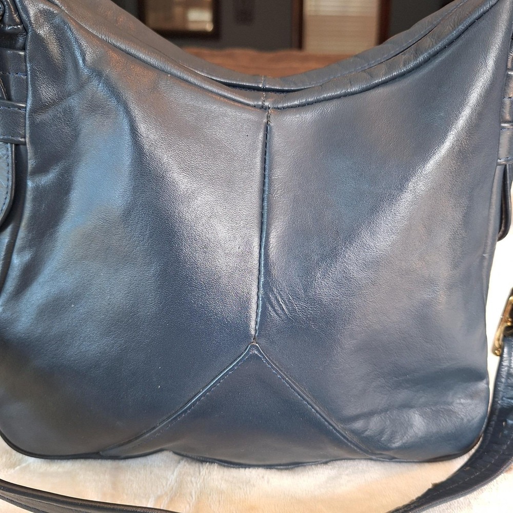 Vintage Navy Blue Genuine Leather Slouchy Shoulder Bag Zipper Close Pocket - Picture 2 of 15